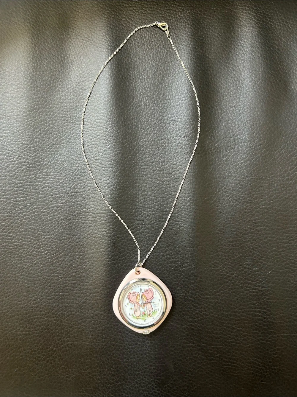 Vintage 1972 Betsey Clark Picco Pink Pendant Watch Necklace Retro Hallmark